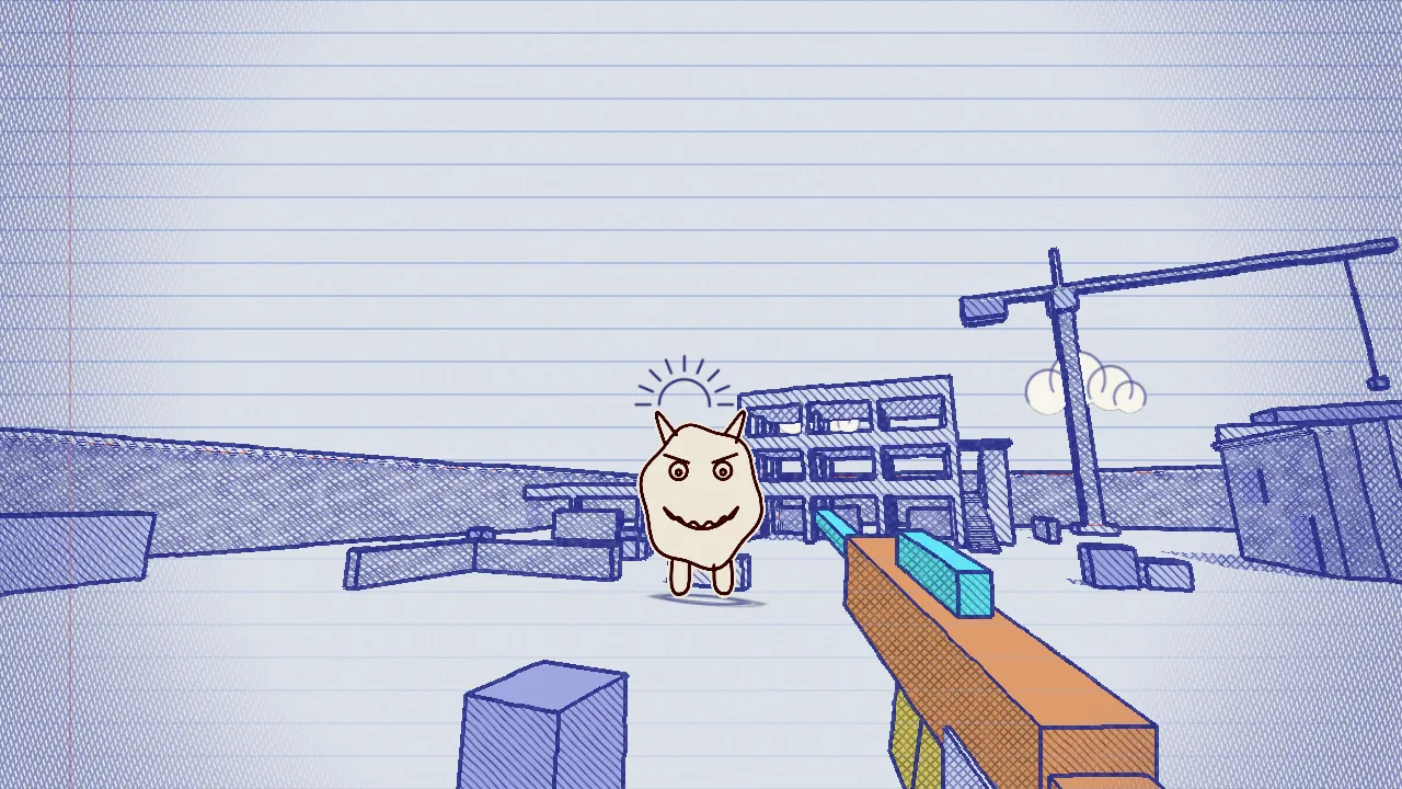 The Doodler boss, a horned blob monster drawn in pen, during slow motion