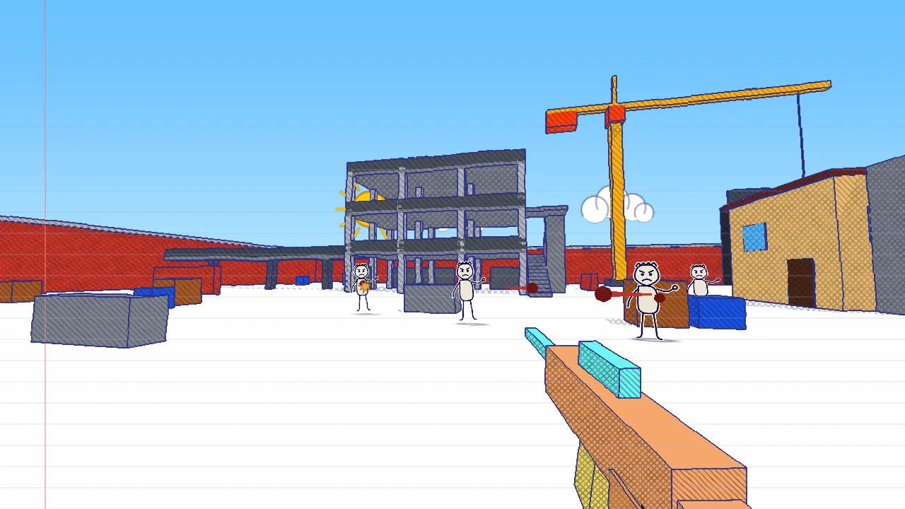 Color mode: doodled enemies in a construction site with a grey building, a yellow crane and blue sky